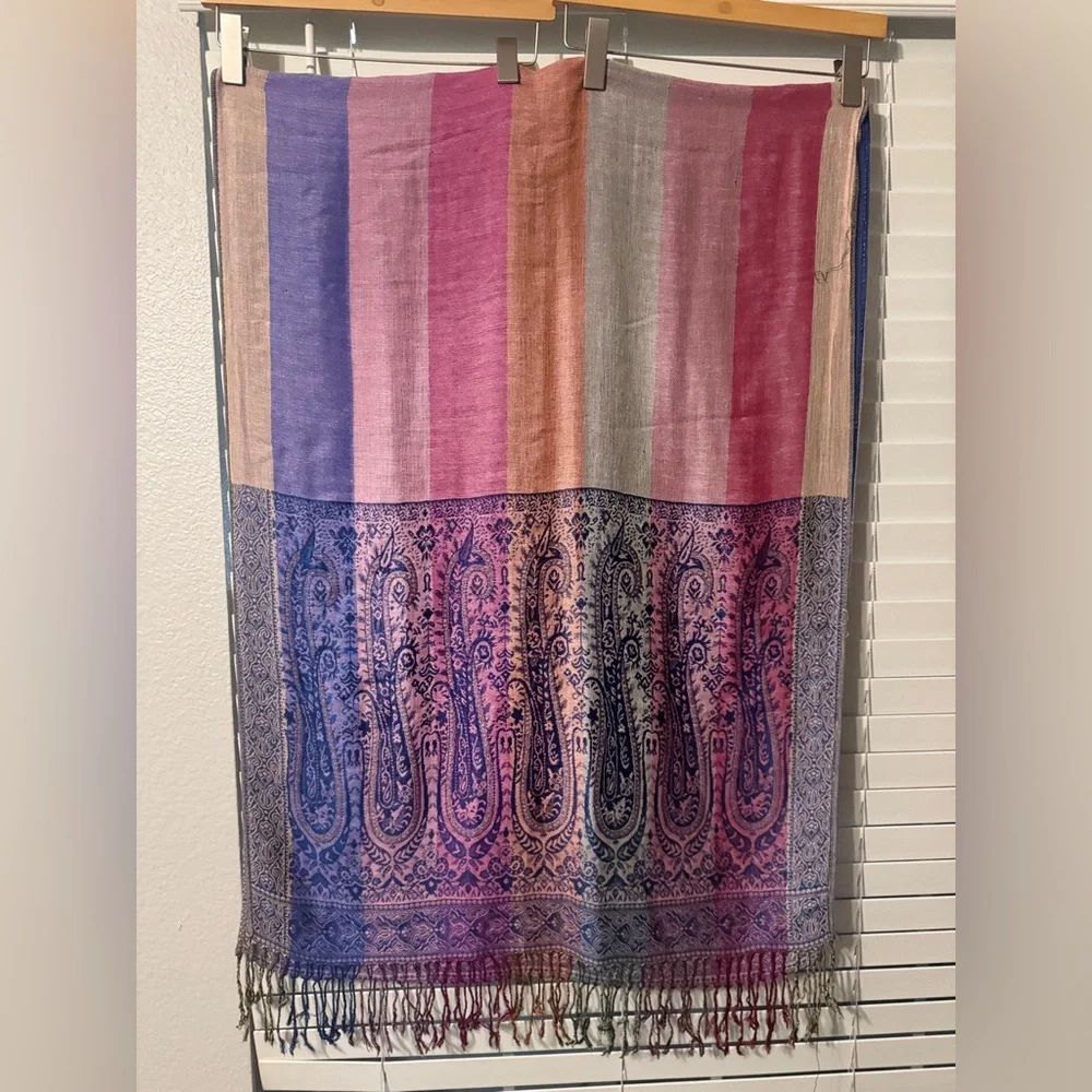 Pashmina Silk Blend Paisley Shawl Scarf Fringe Multicolor Wrap
